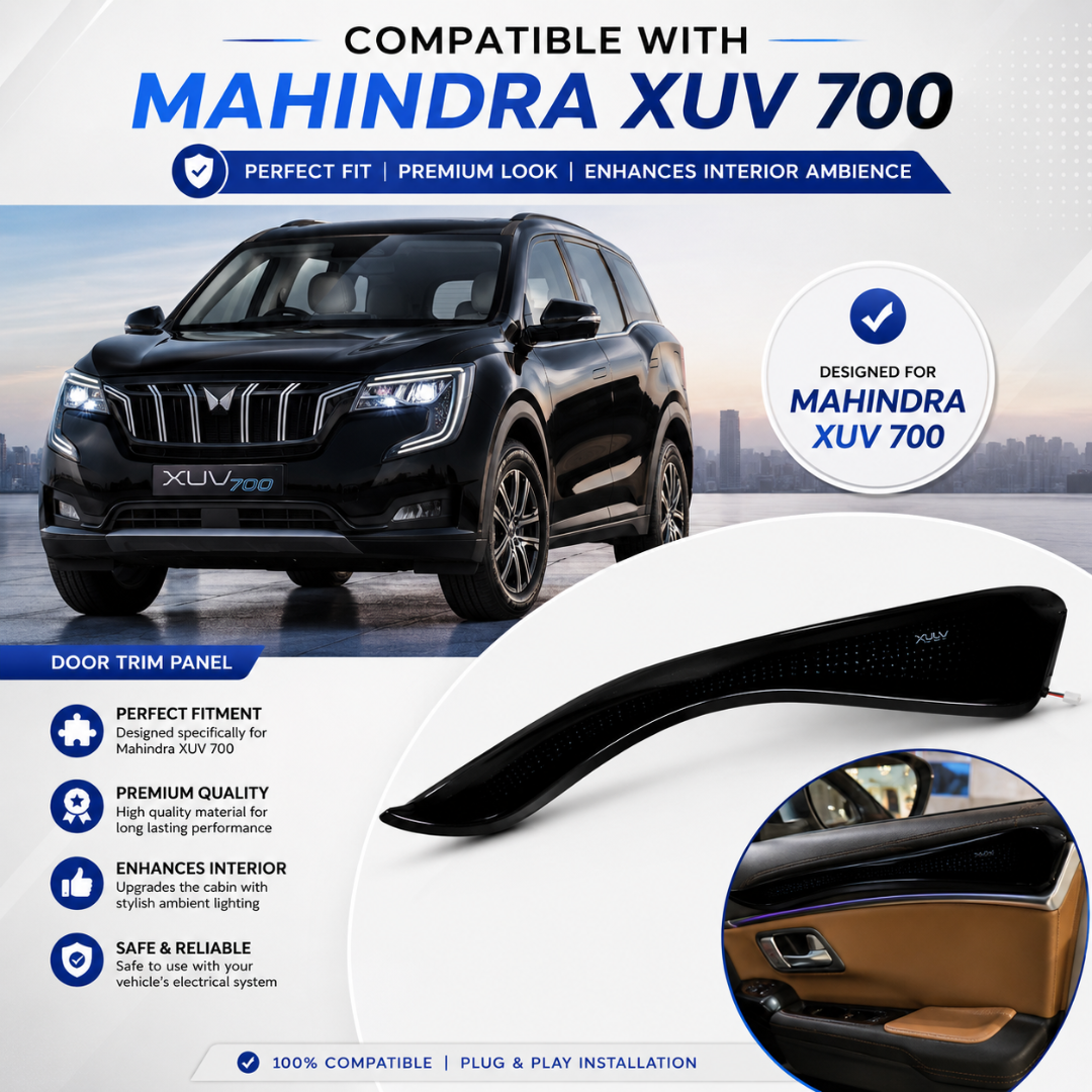 Black Mahindra XUV700 SUV shown next to custom door trim panel with 100 percent plug and play compatibility badge.