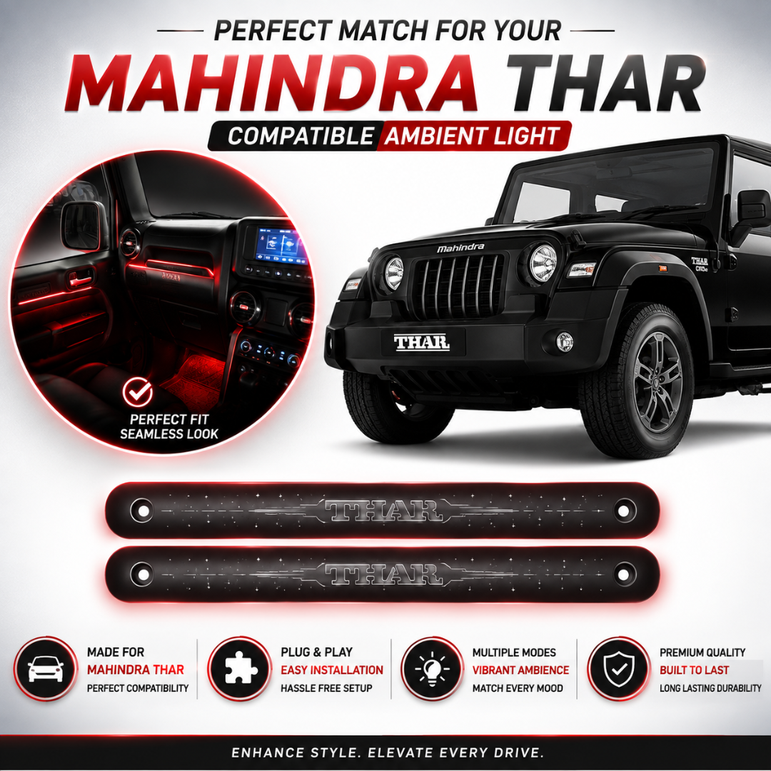 Mahindra Thar black SUV with red interior ambient lighting installed on dashboard and custom Thar door trim.