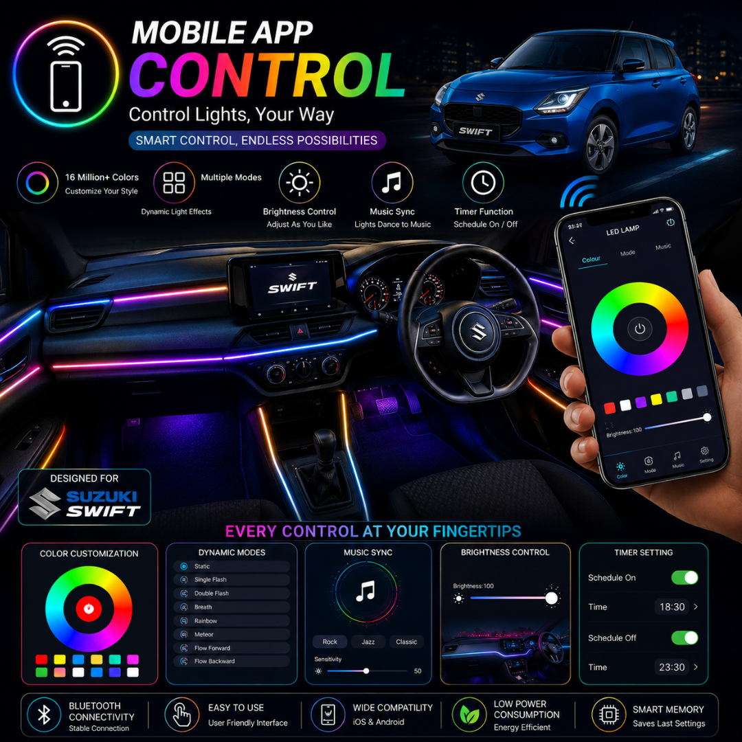 Hand holding smartphone operating the Bluetooth mobile app control interface for AUTOPOWERZ car ambient light inside Suzuki Swift.
