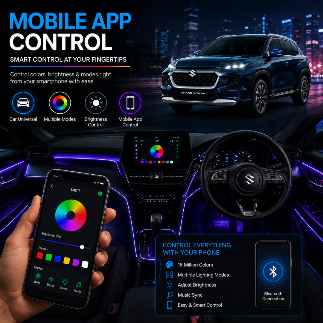 Hand holding smartphone operating the Bluetooth mobile app control interface for AUTOPOWERZ car ambient light in Suzuki Grand Vitara.