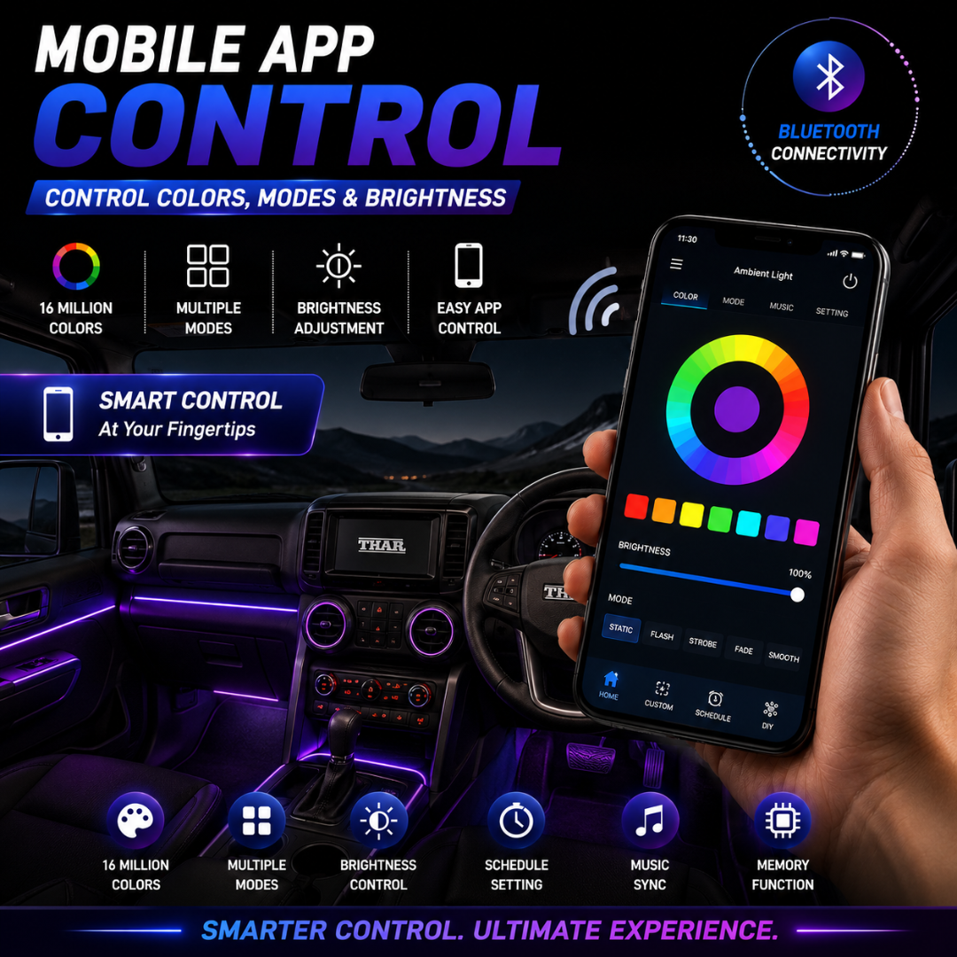 Hand holding smartphone operating the Bluetooth mobile app control interface for AUTOPOWERZ car ambient light.