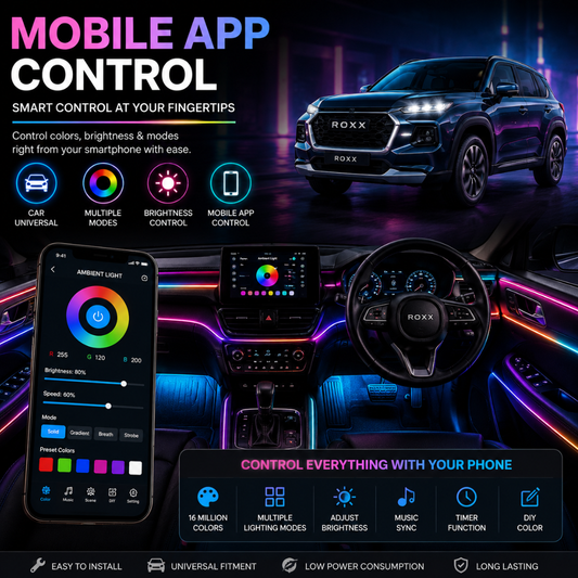 Hand holding smartphone operating the Bluetooth mobile app control interface for AUTOPOWERZ car ambient light in Thar ROXX.