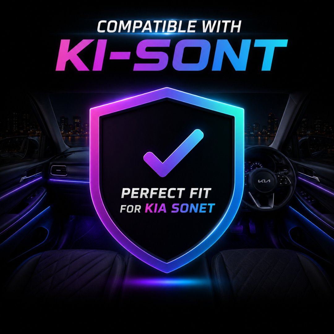 Hand holding smartphone operating Bluetooth app control for AUTOPOWERZ car ambient light inside Kia Sonet showing 16 million colors and music sync.