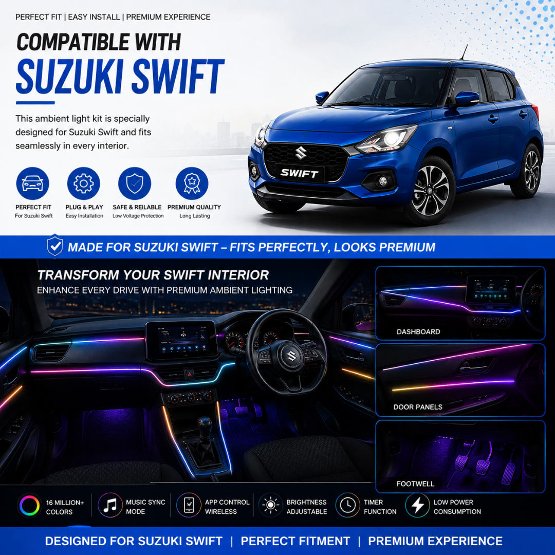 Blue Suzuki Swift hatchback displayed with interior dashboard, door panel, and footwell ambient lighting setup.