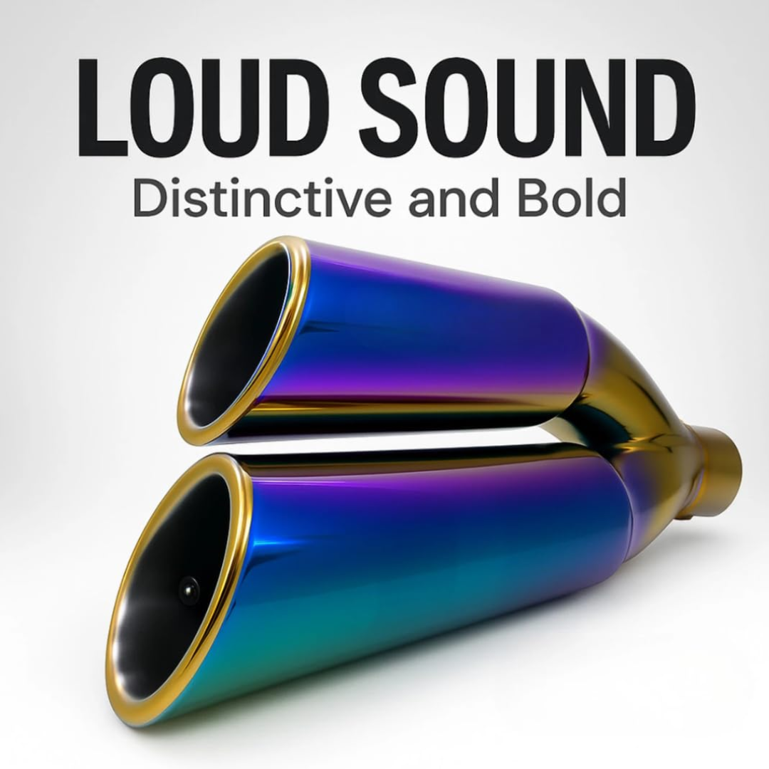 Front outlet view of AutoPowerz dual barrel exhaust highlighting loud bold sound design and gold tip rings.