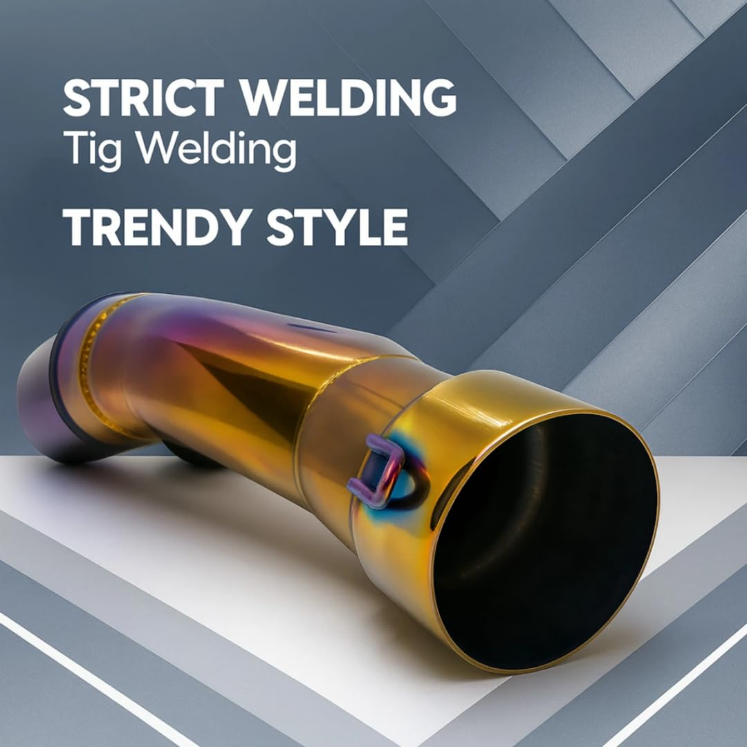 Close-up view of TIG welding and titanium gold joint pipe on AutoPowerz slip-on exhaust.