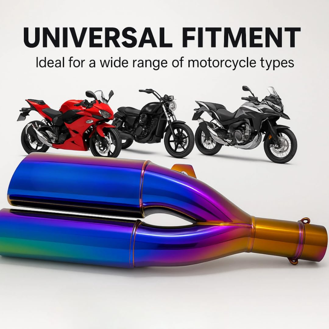 AutoPowerz universal dual-barrel exhaust displayed in front of sports, cruiser, and adventure touring motorcycles.