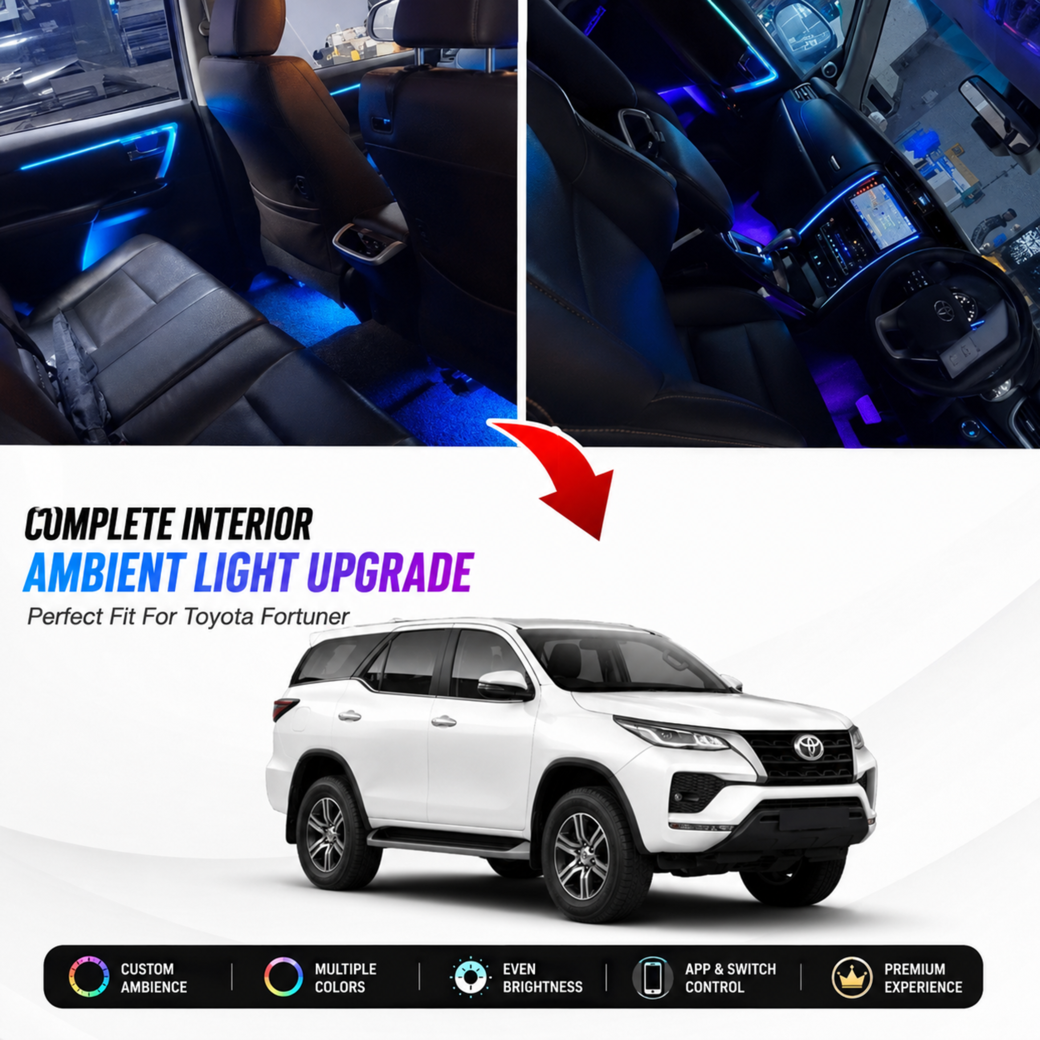AUTOPOWERZ Cydlink 18-in-1 Car Ambient Interior LED Lighting Kit Compatible with Toyota Fortuner (App & Switch Control, Custom Door Trim & Center Console Panels)