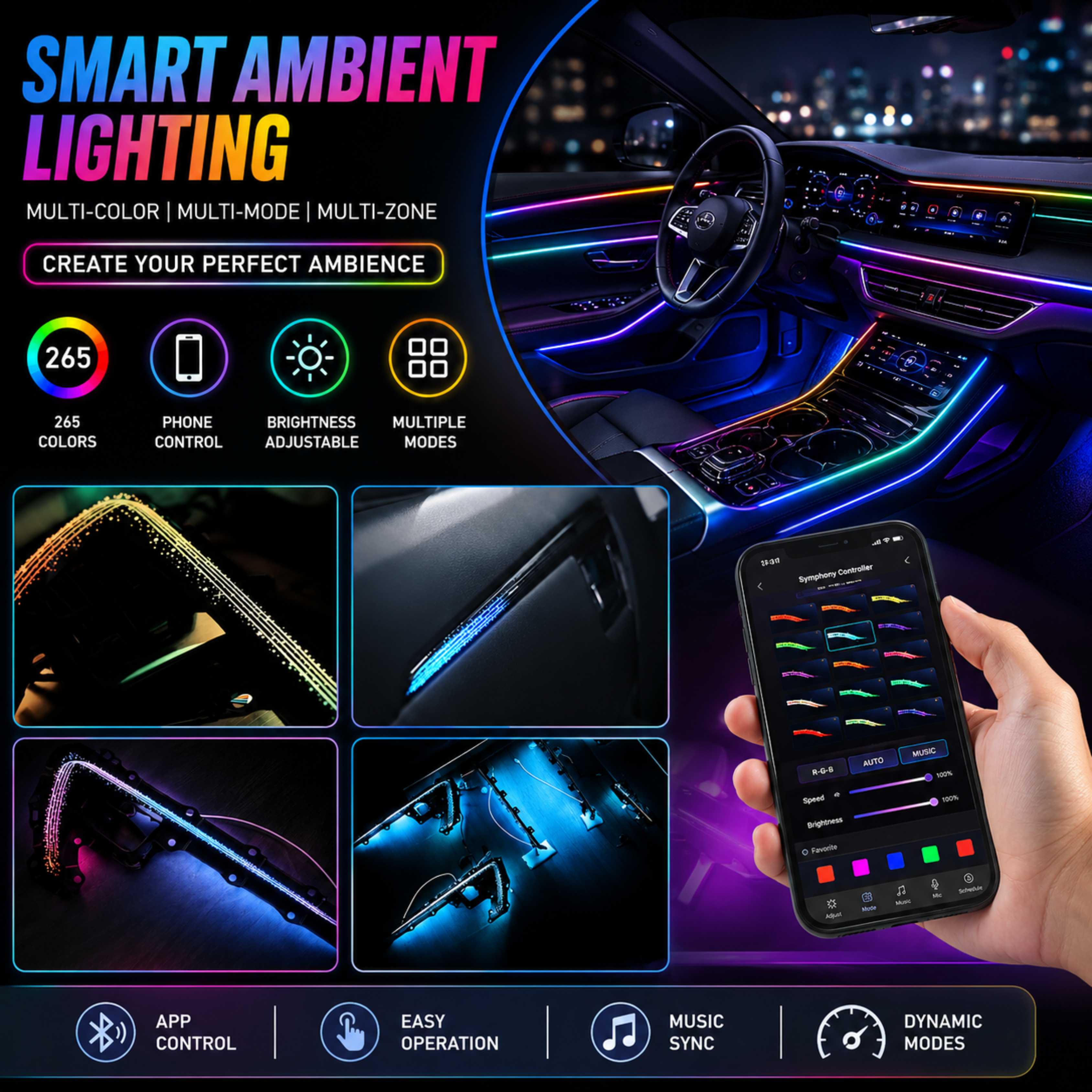 AUTOPOWERZ Cydlink 18-in-1 Car Ambient Interior LED Lighting Kit Compatible with Toyota Fortuner (App & Switch Control, Custom Door Trim & Center Console Panels)