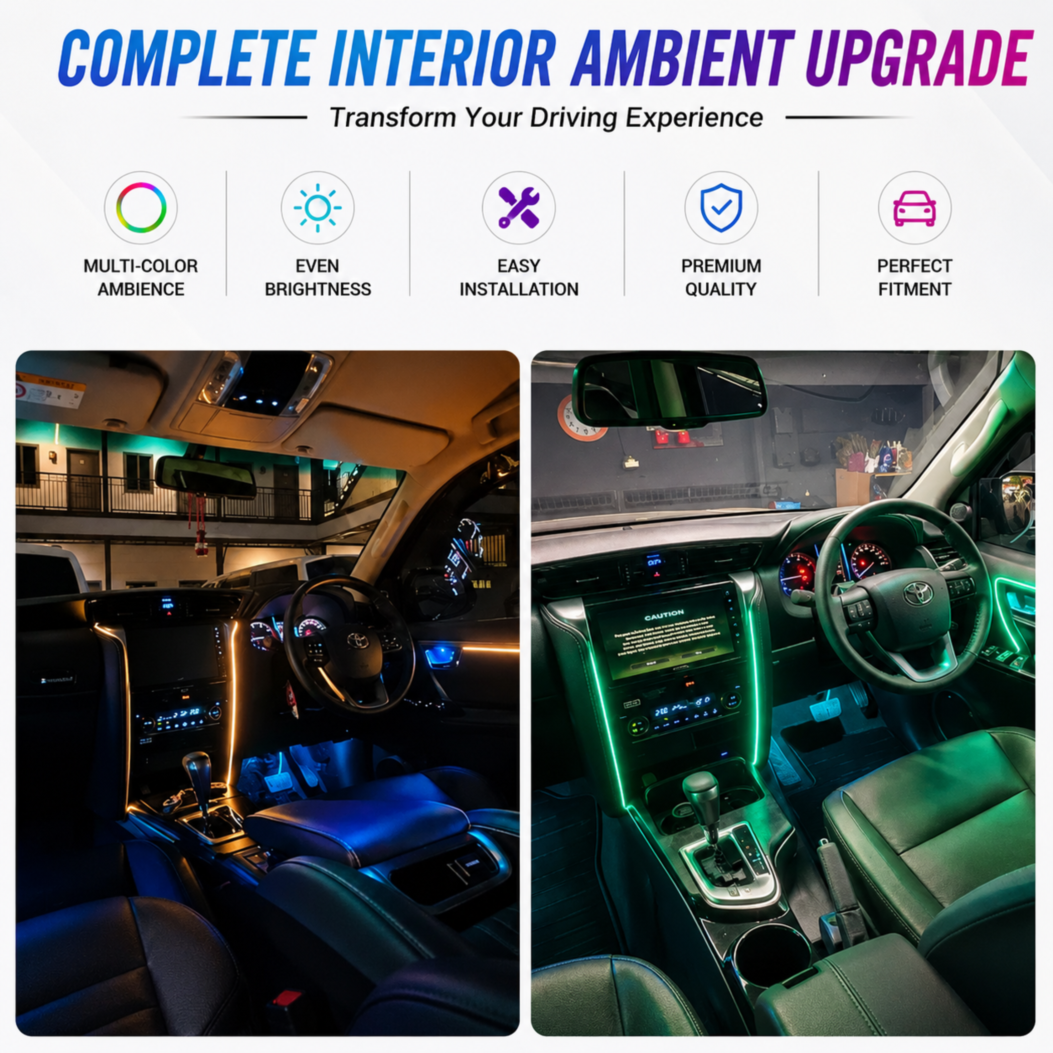 AUTOPOWERZ Cydlink 18-in-1 Car Ambient Interior LED Lighting Kit Compatible with Toyota Fortuner (App & Switch Control, Custom Door Trim & Center Console Panels)