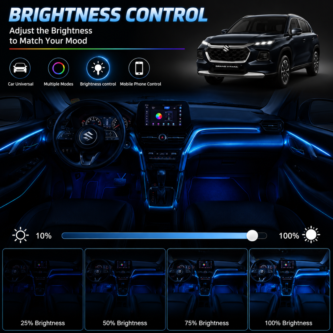 Brightness level adjustment demonstration for Suzuki Grand Vitara ambient light strips from 25 percent to 100 percent illumination.