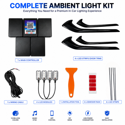 Package breakdown showing AUTOPOWERZ Grand Vitara ambient light main controller, 4 door trim strips, wiring cable, 4 LED modules, pry tool, adhesive pads, and LED strips.