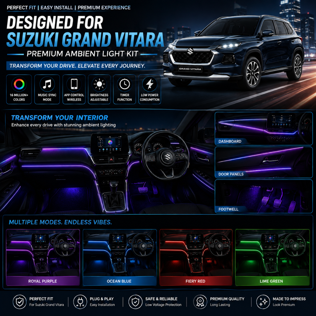 Interior view of Suzuki Grand Vitara showing dashboard, door panels, and footwell ambient lighting setup in Royal Purple, Ocean Blue, Fiery Red, and Lime Green.