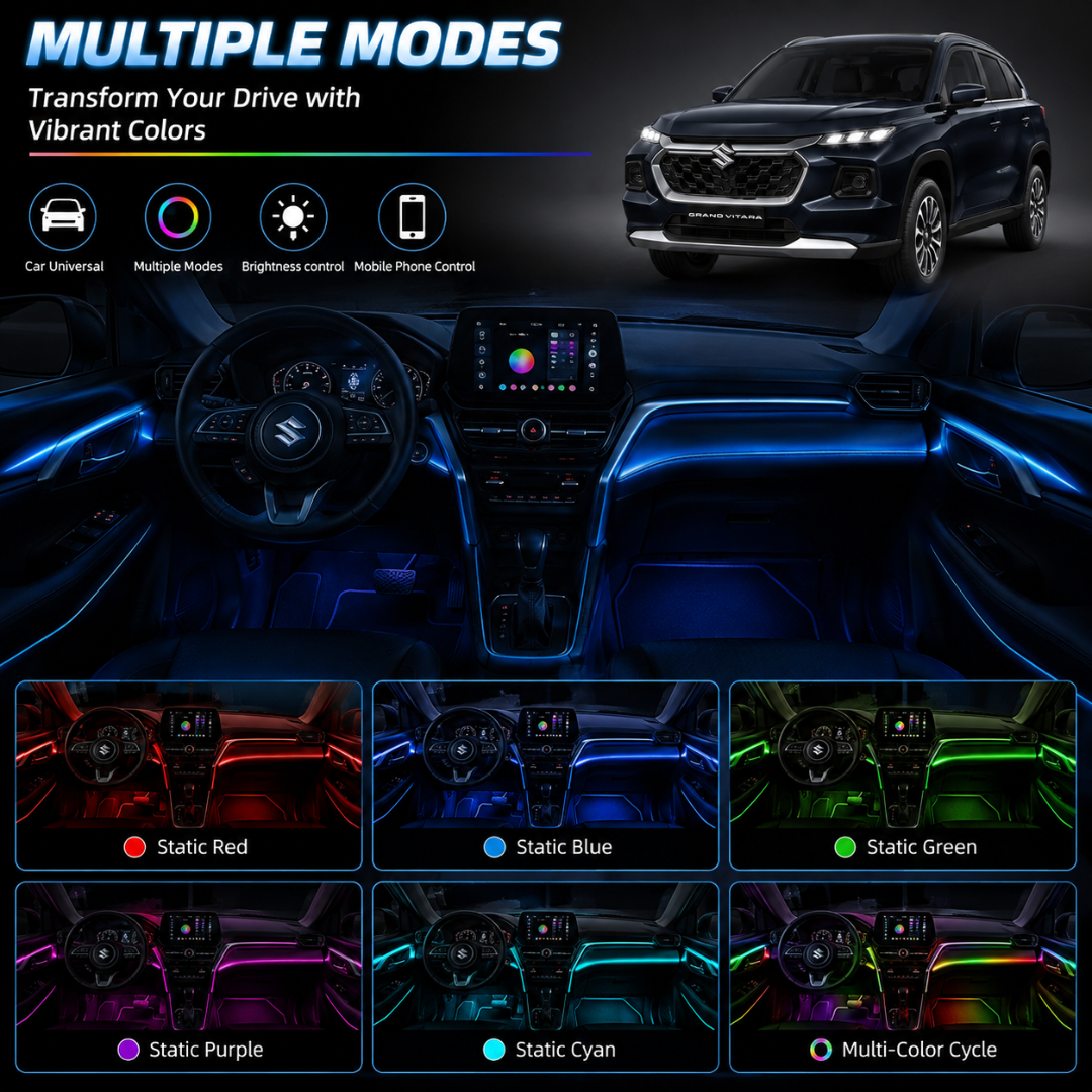 Demonstration of multiple color modes on Suzuki Grand Vitara interior showing Static Red, Blue, Green, Purple, Cyan, and Multi-Color Cycle.