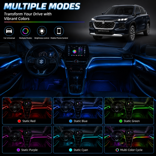 Demonstration of multiple color modes on Suzuki Grand Vitara interior showing Static Red, Blue, Green, Purple, Cyan, and Multi-Color Cycle.