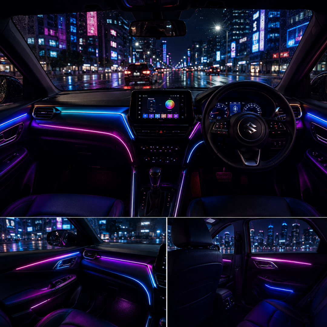 Nighttime cabin perspective view of Suzuki Grand Vitara showing custom dashboard, door trim, and footwell RGB ambient light glow.