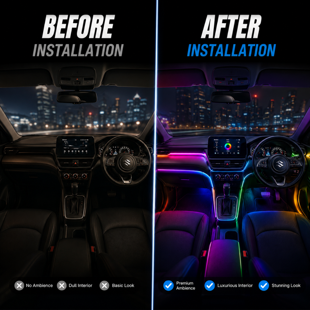 Before versus after interior lighting comparison of Suzuki Grand Vitara cabin showing stock dark interior versus vibrant RGB lighting.