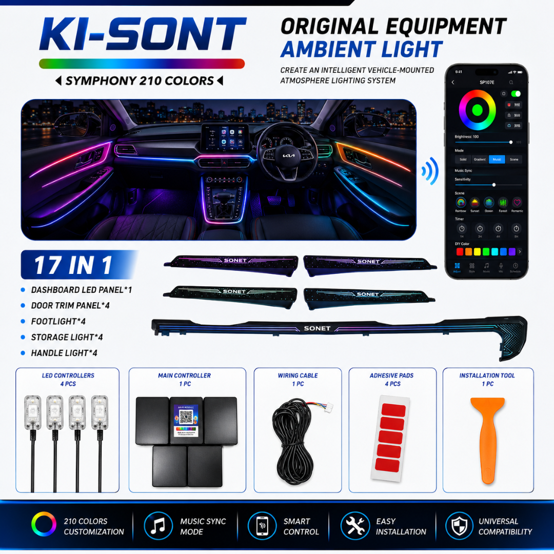Package breakdown showing AUTOPOWERZ Kia Sonet 17-in-1 ambient light dashboard panel, 4 door trim panels, 4 footlights, 4 storage lights, 4 handle lights, controllers, wiring cable, adhesive pads, and pry tool.