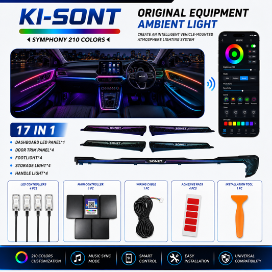 Package breakdown showing AUTOPOWERZ Kia Sonet 17-in-1 ambient light dashboard panel, 4 door trim panels, 4 footlights, 4 storage lights, 4 handle lights, controllers, wiring cable, adhesive pads, and pry tool.