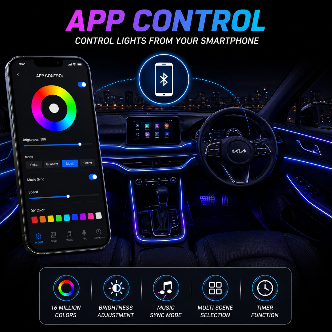 Kia Sonet cabin interior glowing in RGB ambient light with compatibility shield checkmark graphic.
