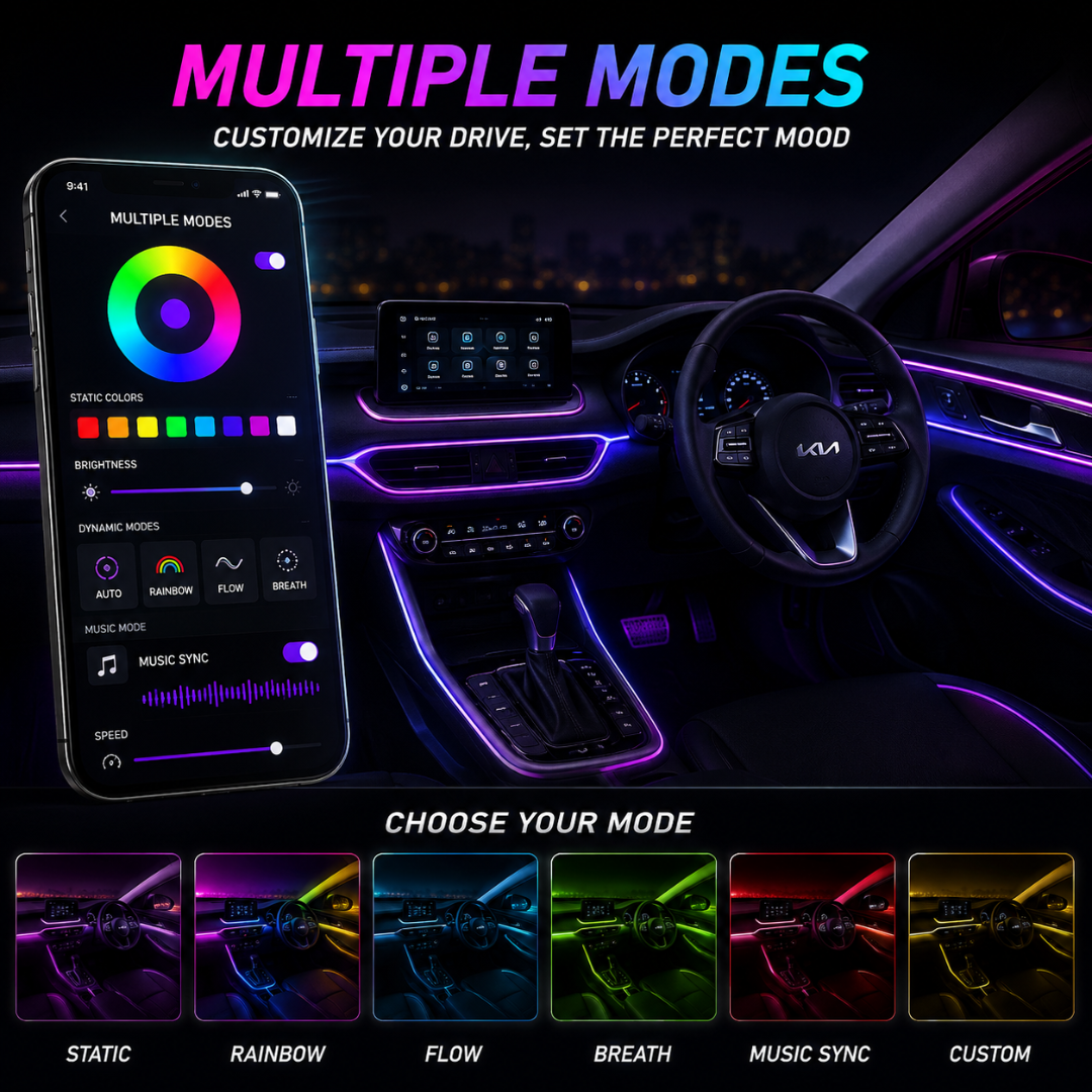 Kia Sonet dashboard perspective view displaying 16 million color options including Blue, Red, Green, Purple, Orange, Pink, Cyan, Ice Blue, and White.