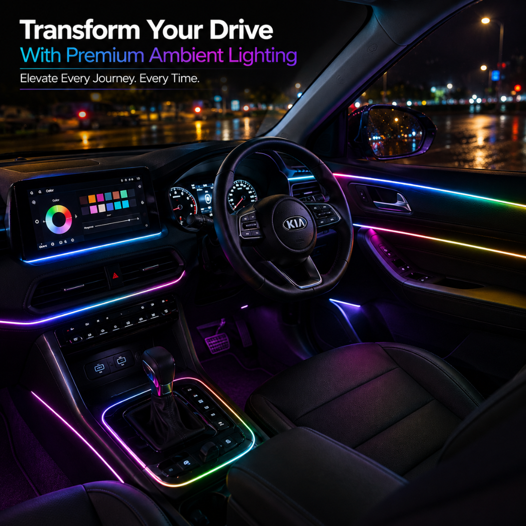 Nighttime cabin perspective view of Kia Sonet showing custom dashboard, door trim, center console, and footwell RGB ambient light glow.