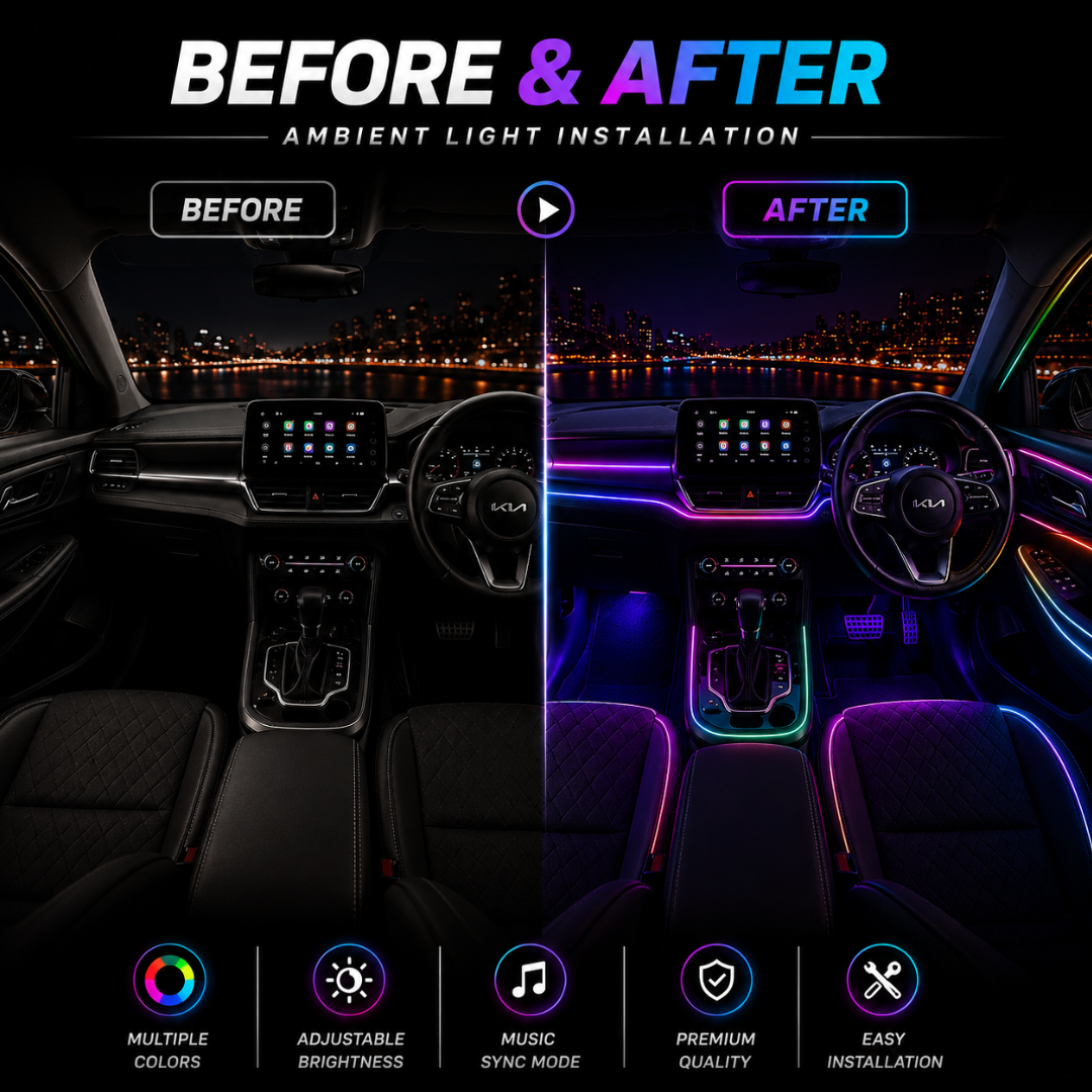 Before versus after interior lighting comparison of Kia Sonet cabin showing stock dark interior versus vibrant RGB Symphony lighting.