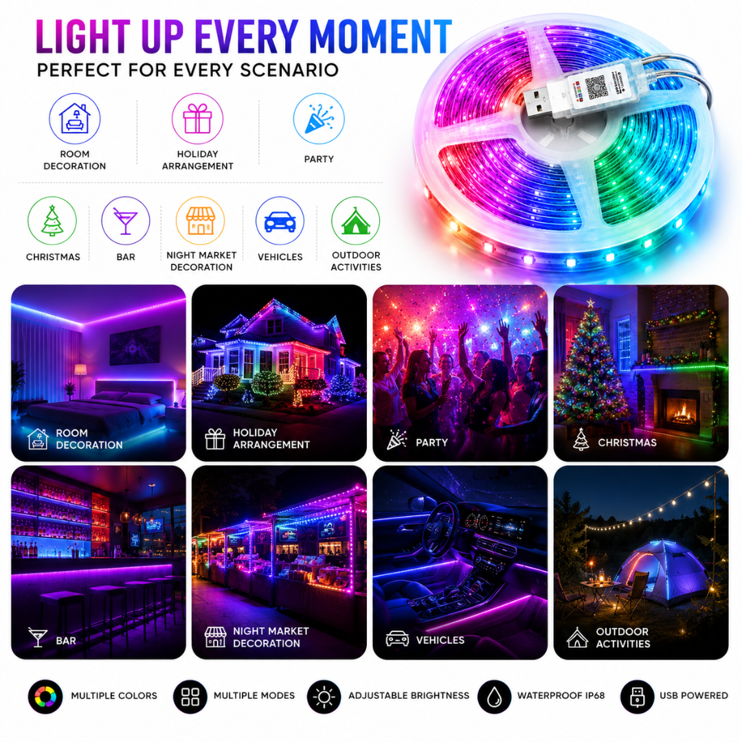 Four-panel application view showing Autopowerz RGB light used for TV backlighting, bedroom ambient light, car interior, and party event decor.