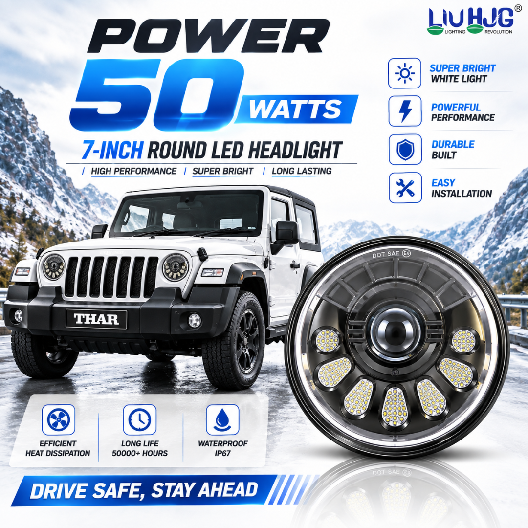 50W power rating, 50,000 hours long life, and IP67 waterproof certification on LIU HJG C-250 headlight.