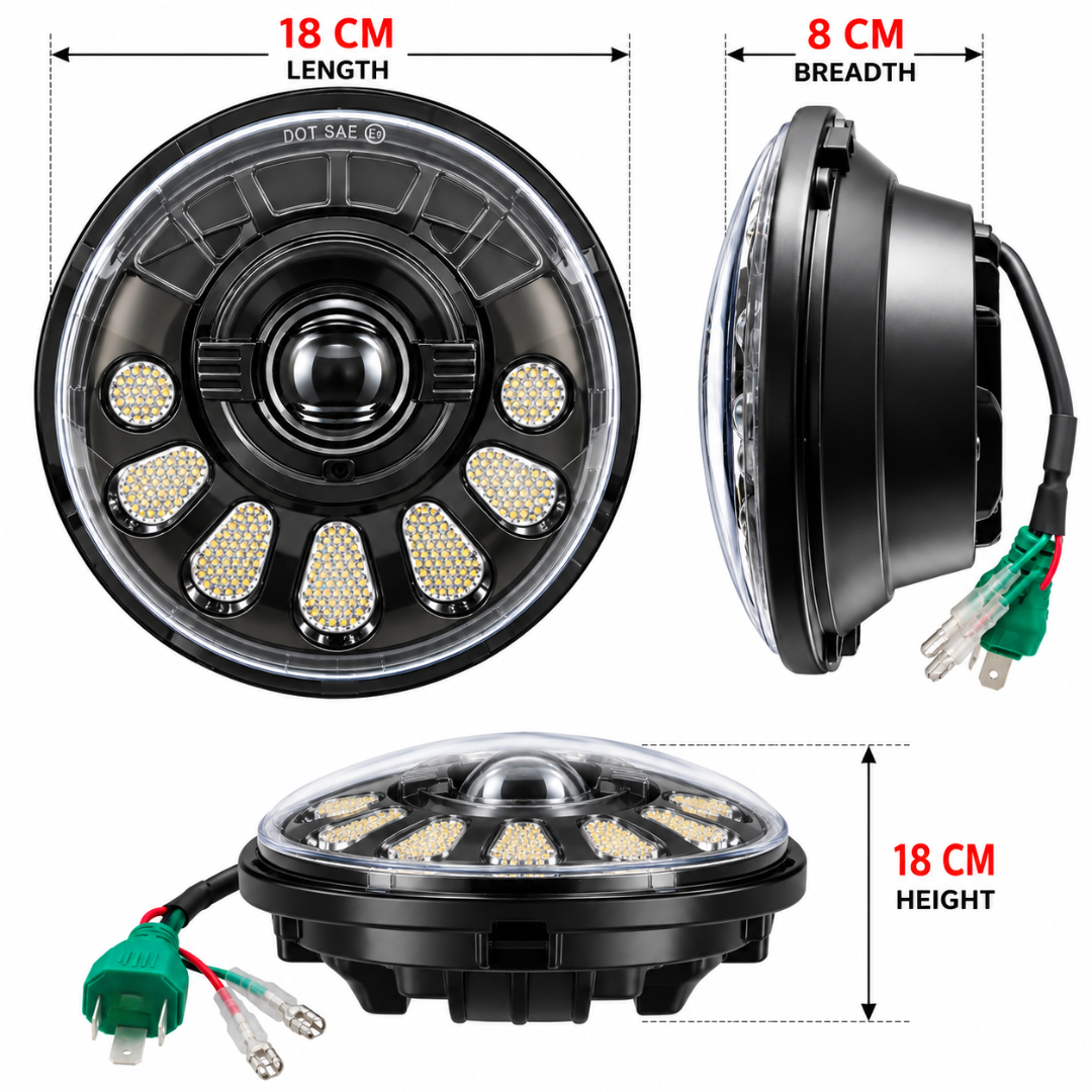 Dimensions diagram showing LIU HJG C-250 7-inch LED headlight 18 cm length and 8 cm depth.