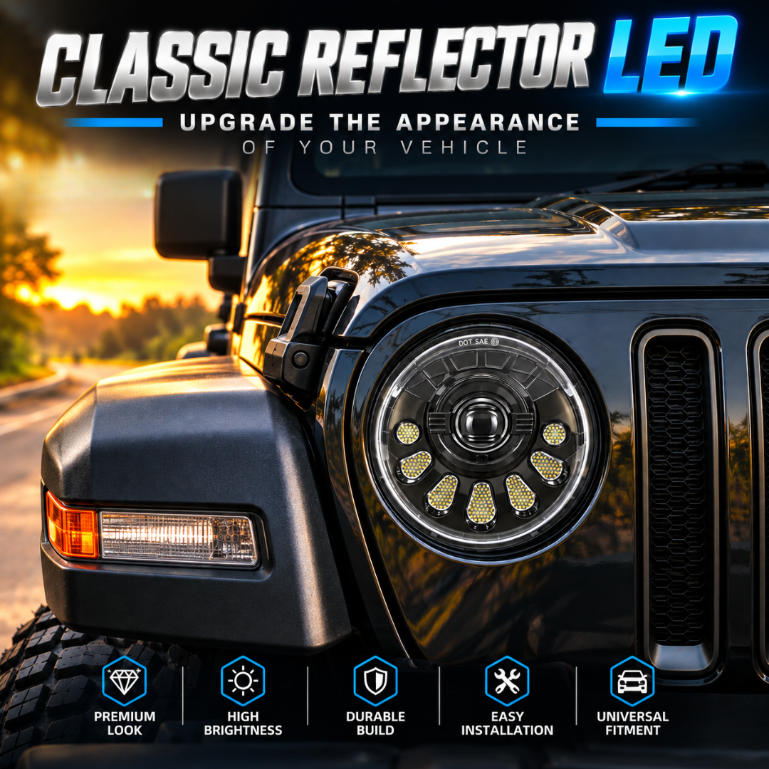 LIU HJG C-250 classic reflector 7-inch round LED headlight fitted on Mahindra Thar front grille.