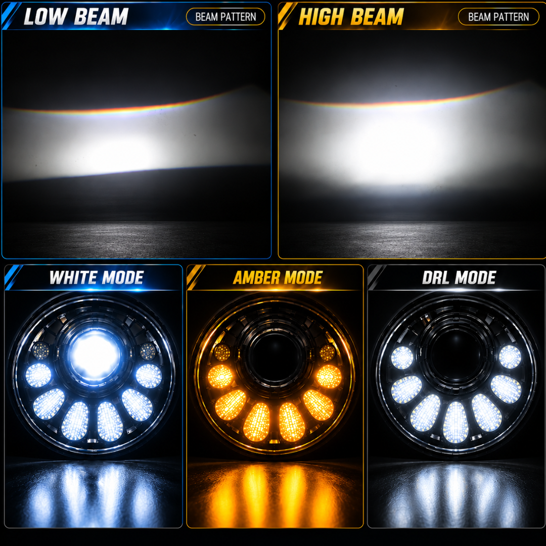 Beam pattern demonstration showing Low Beam, High Beam, White Mode, Amber Mode, and DRL Mode on LIU HJG C-250.
