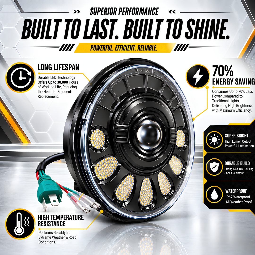 DOT SAE E9 lens certification and 70% energy-saving features of LIU HJG C-250 headlight.
