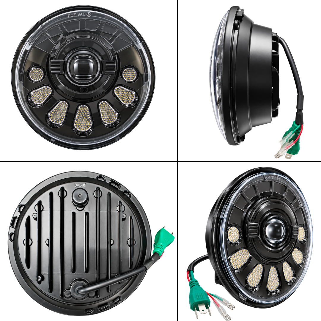 Multi-angle view of LIU HJG C-250 7-inch round headlight showing aluminum back heat sink and H4 connector.