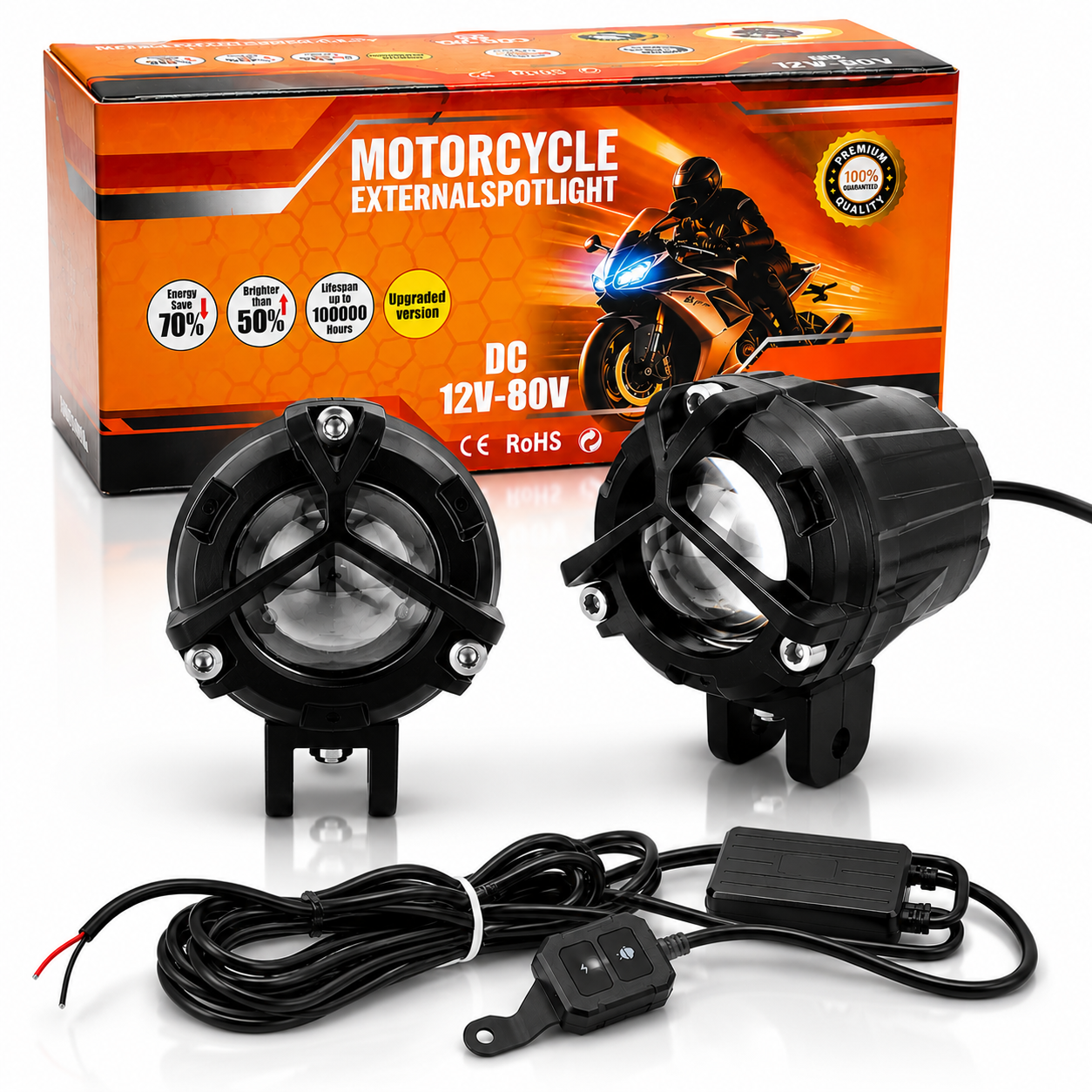 AUTOPOWERZ MC Top F20 50W LED Fog Light Pair Set with Complete Wiring Harness Switch and Packaging Box