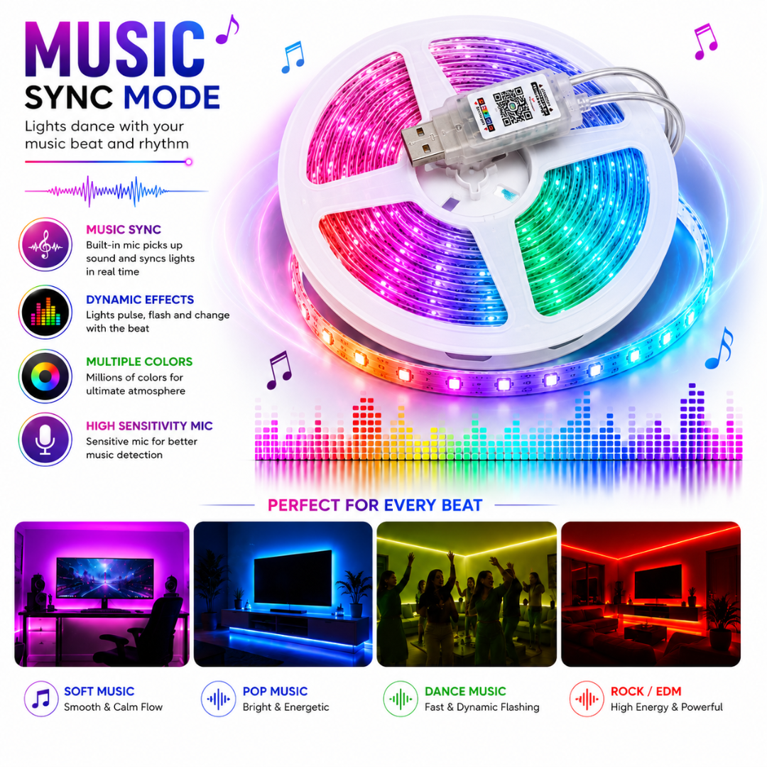 Music sync mode graphic showing lights pulsing to sound frequencies for soft music, pop, dance, and rock.