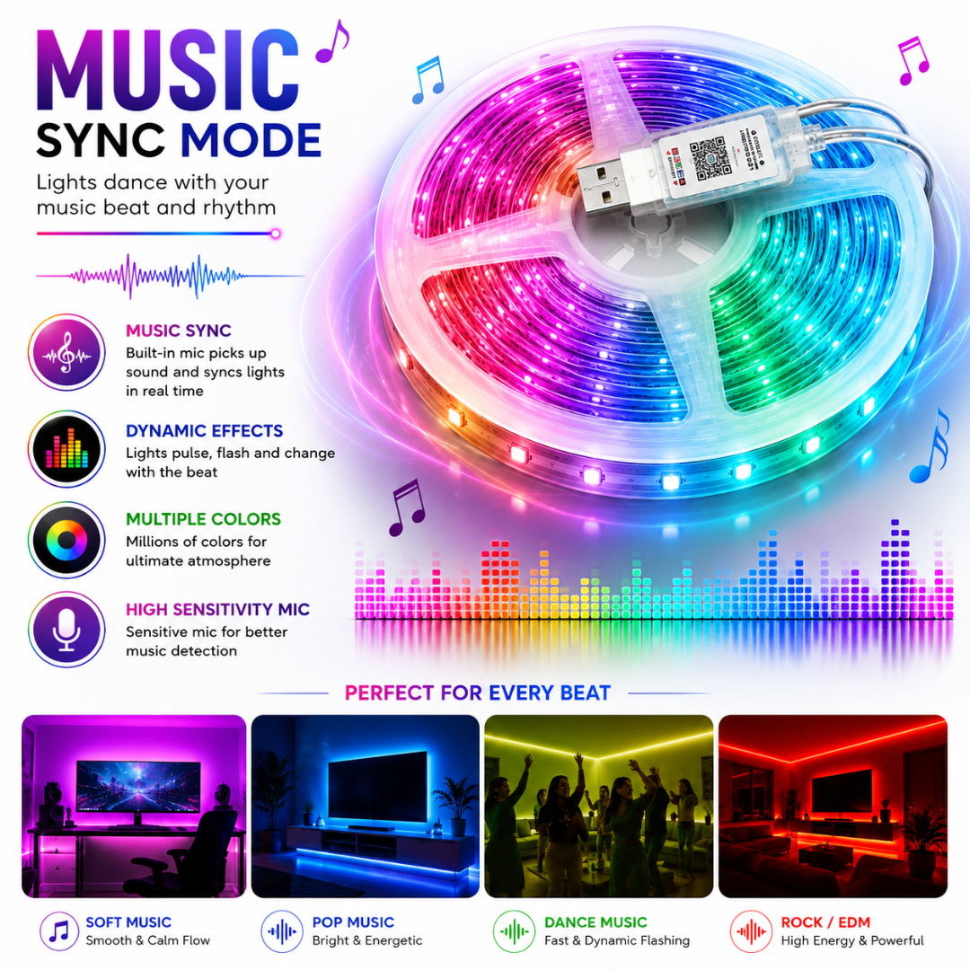 Music sync mode graphic showing lights pulsing to sound frequencies for soft music, pop, dance, and rock.