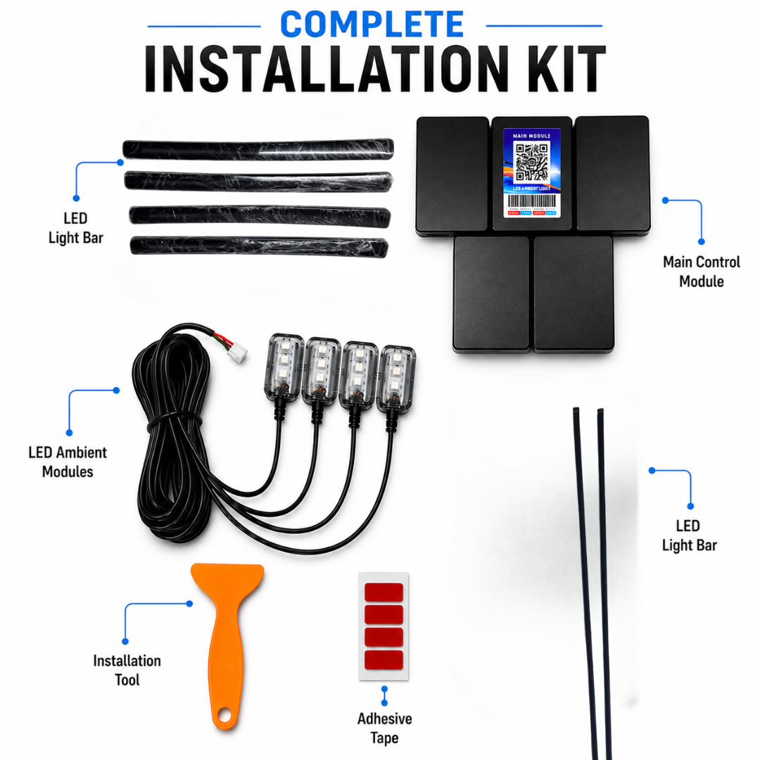 Complete installation kit breakdown showing main control module, 4 LED light bars, 4 ambient modules, wiring cable, pry tool, adhesive tape, and LED strips.