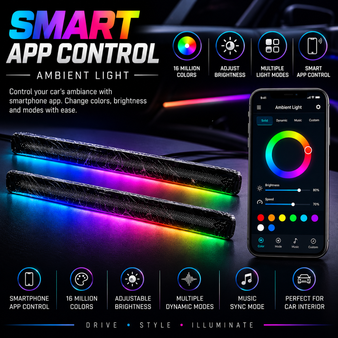 Smartphone displaying Bluetooth app control interface with 16 million color wheel next to illuminated AUTOPOWERZ carbon light bars.