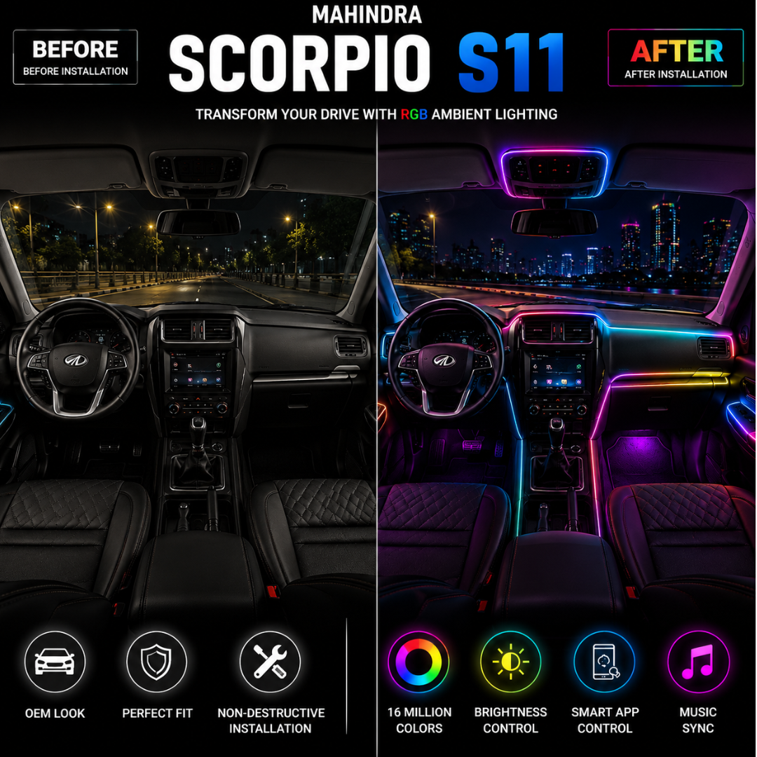 Before versus after interior lighting comparison of Mahindra Scorpio S11 cabin showing stock dark interior versus vibrant RGB lighting.