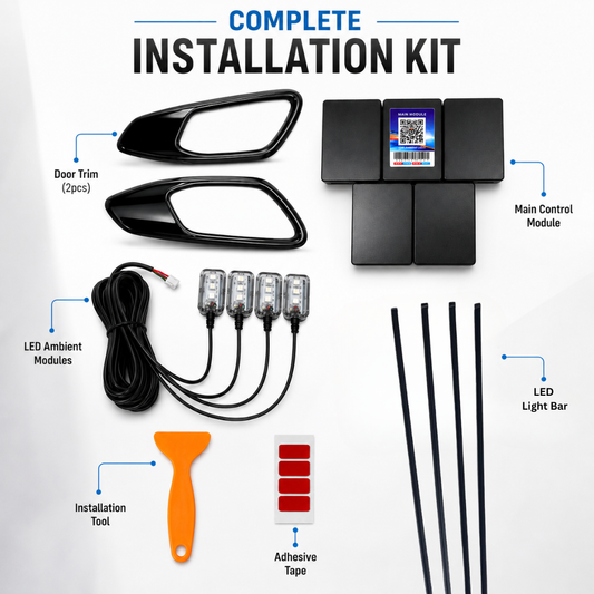 Complete installation kit breakdown showing main control module, 2 door trims, 4 ambient modules, wiring cable, pry tool, adhesive tape, and LED light bars.
