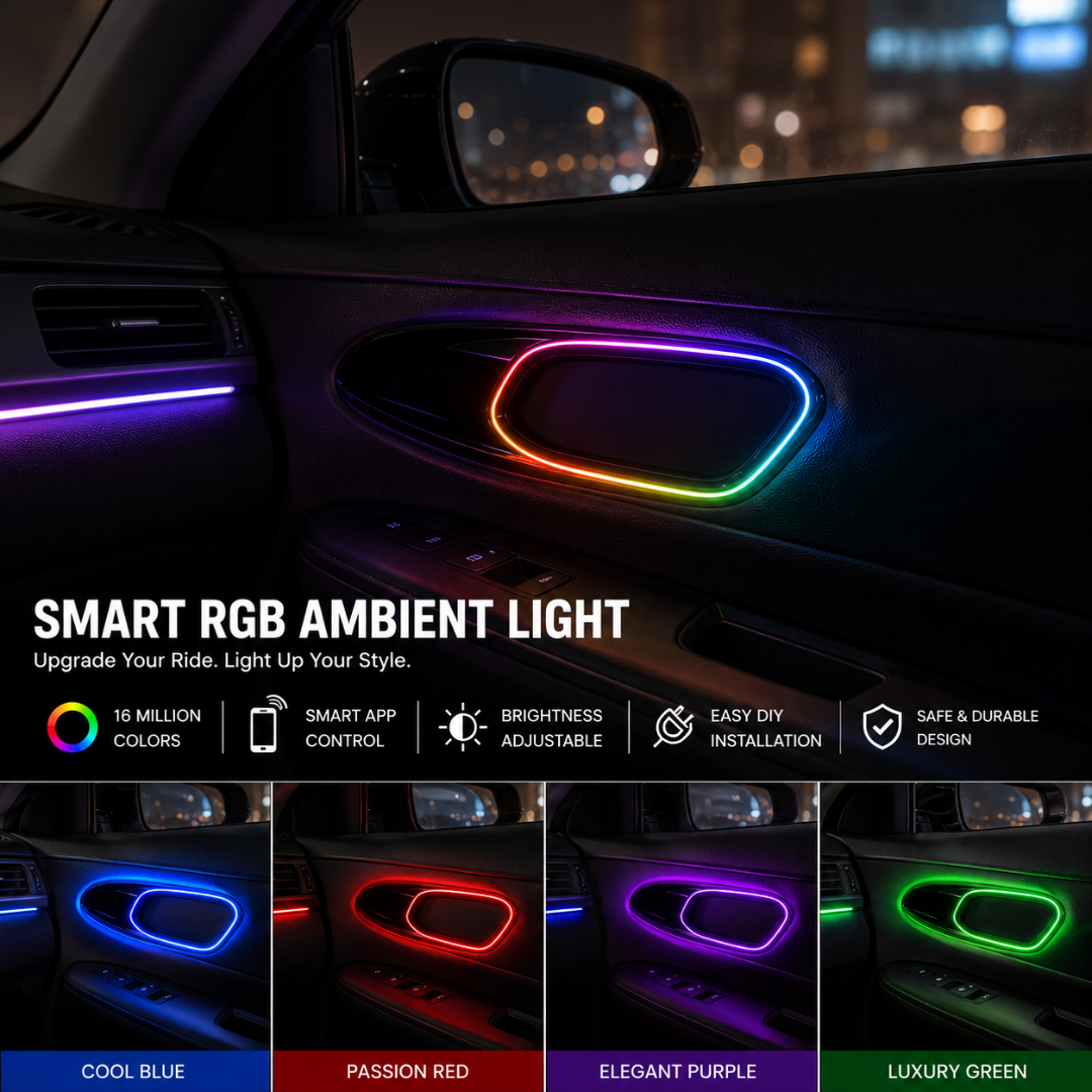 Close-up view of Suzuki Fronx interior door handle ambient trim glowing in Cool Blue, Passion Red, Elegant Purple, and Luxury Green.