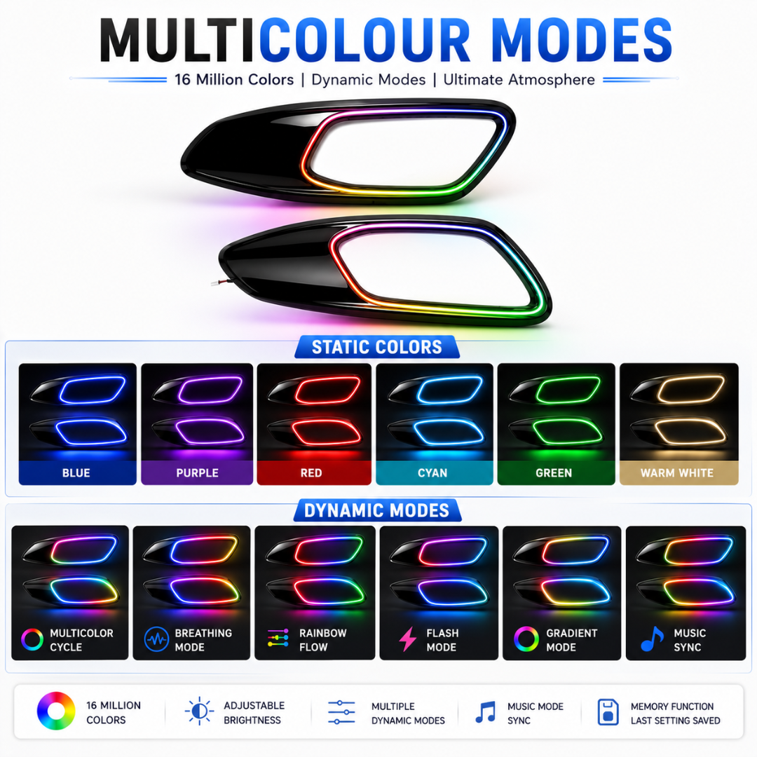Demonstration of static colors (Blue, Purple, Red, Cyan, Green, Warm White) and dynamic modes (Multicolor Cycle, Breathing, Rainbow, Flash, Gradient, Music Sync) on Fronx door trim.