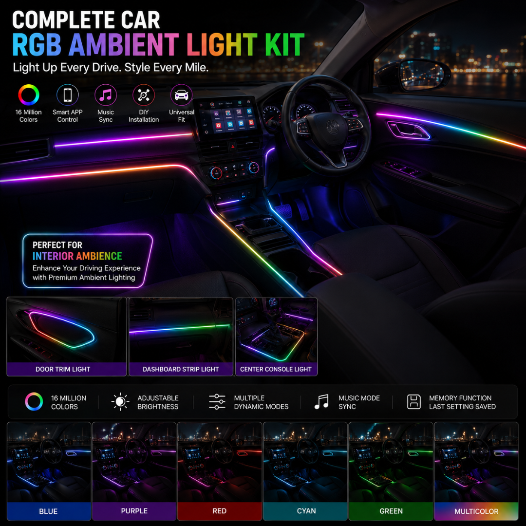 Nighttime cabin perspective view of Suzuki Fronx showing custom dashboard, door handle trim, center console, and footwell RGB ambient light glow.