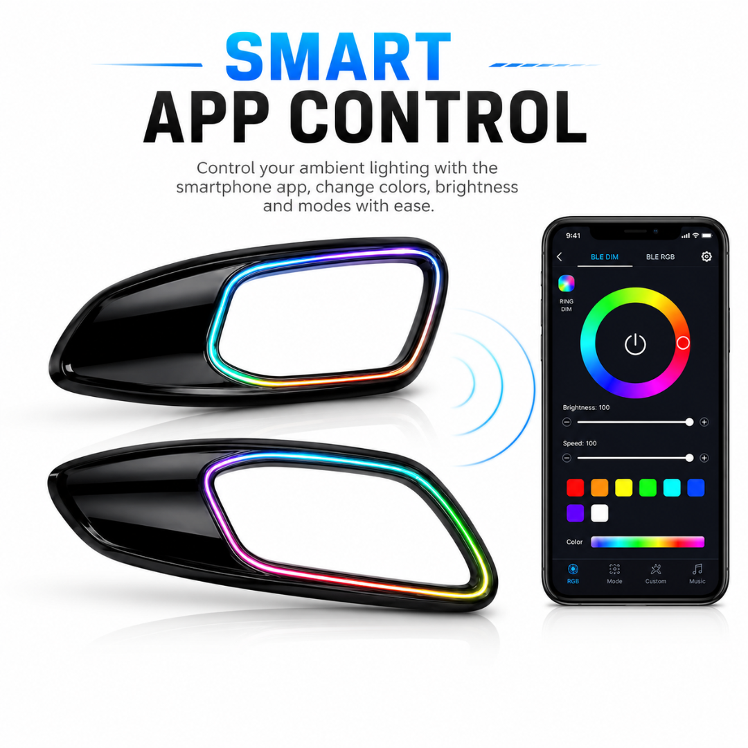 Smartphone displaying Bluetooth app control interface next to illuminated AUTOPOWERZ door handle trim frames glowing in RGB.