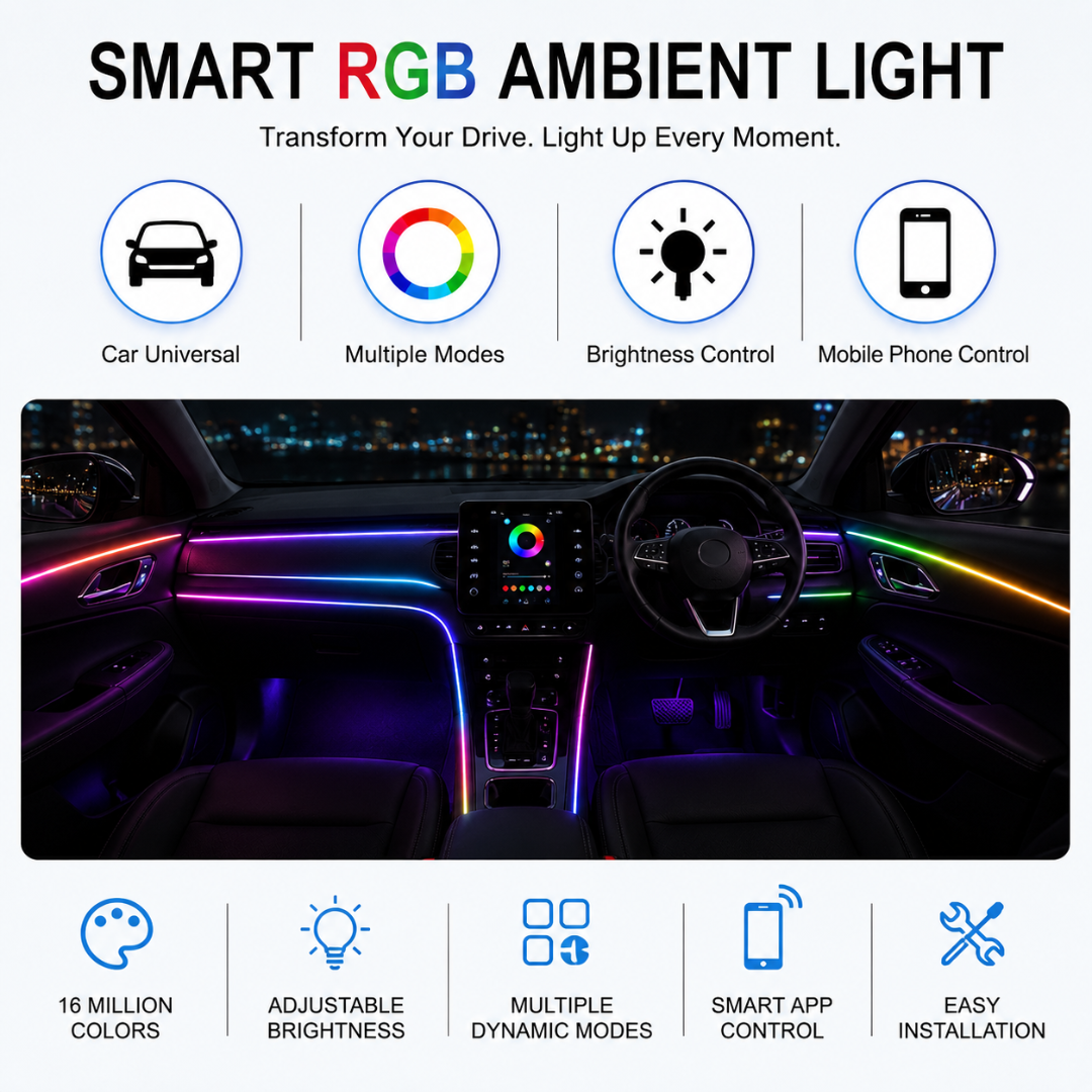Interior view of car dashboard illuminated in RGB ambient light with feature icons highlighting 16 million colors and app control.