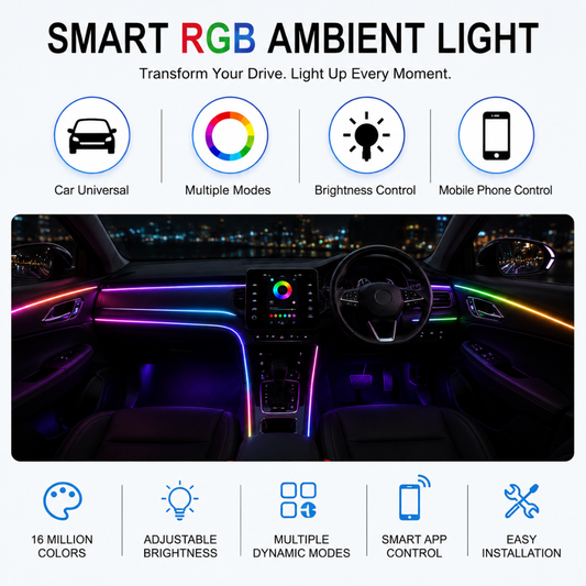 Interior view of car dashboard illuminated in RGB ambient light with feature icons highlighting 16 million colors and app control.