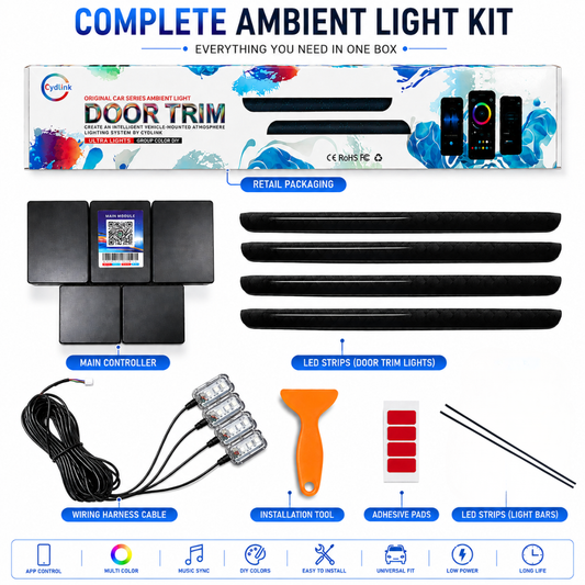 Package breakdown showing AUTOPOWERZ Suzuki Swift 18-in-1 ambient light main controller, 4 door trim light strips, wiring cable, 4 LED modules, pry tool, adhesive pads, and LED strips.