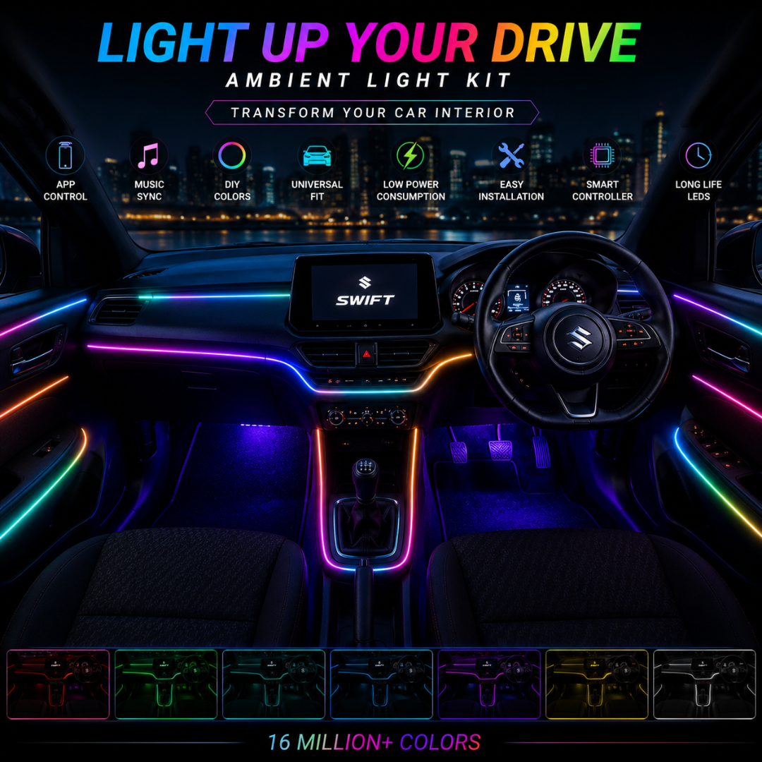Nighttime cabin perspective view of Suzuki Swift showing custom dashboard, door trim, center console, and footwell RGB ambient light glow.