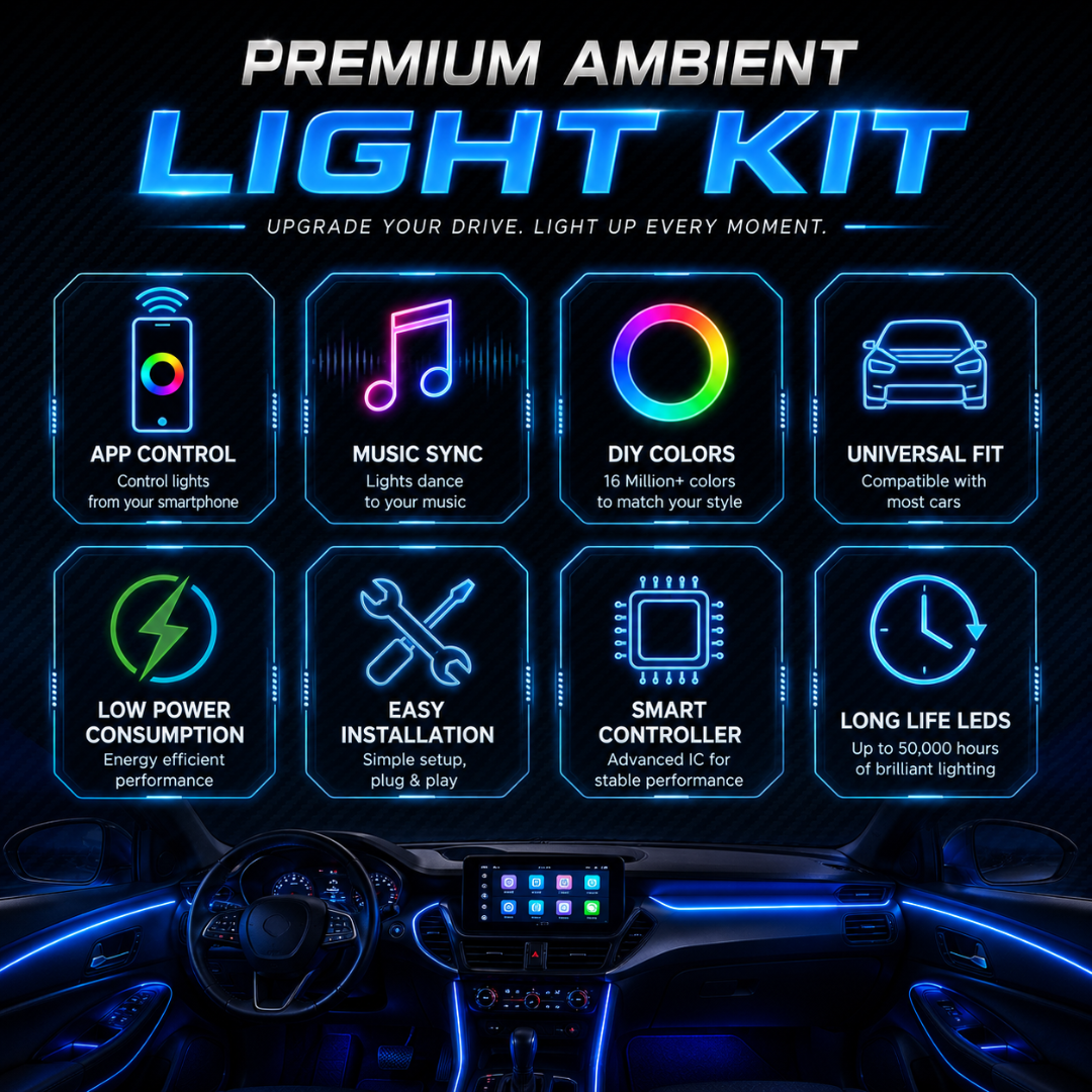 Feature icons highlighting app control, music sync, DIY colors, universal fit, low power consumption, easy installation, smart controller, and long life LEDs.